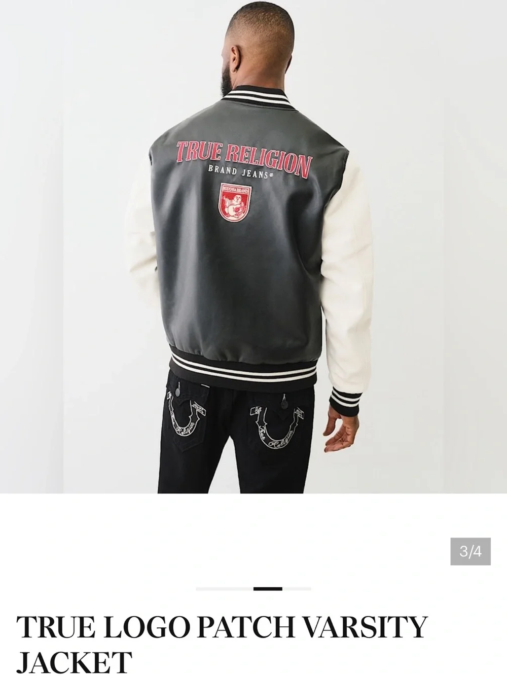 True Religion Black Body White Sleeve Logo Patch Varsity Jacket